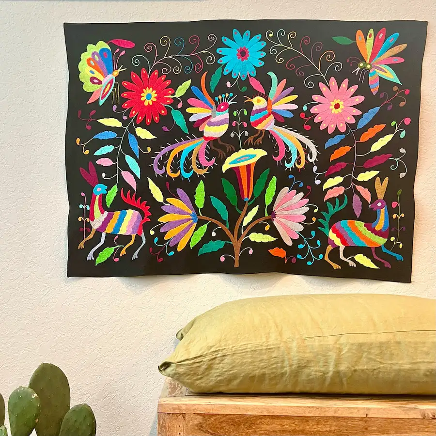 Black Otomí Hand-Embroidered Tapestry - Image 3