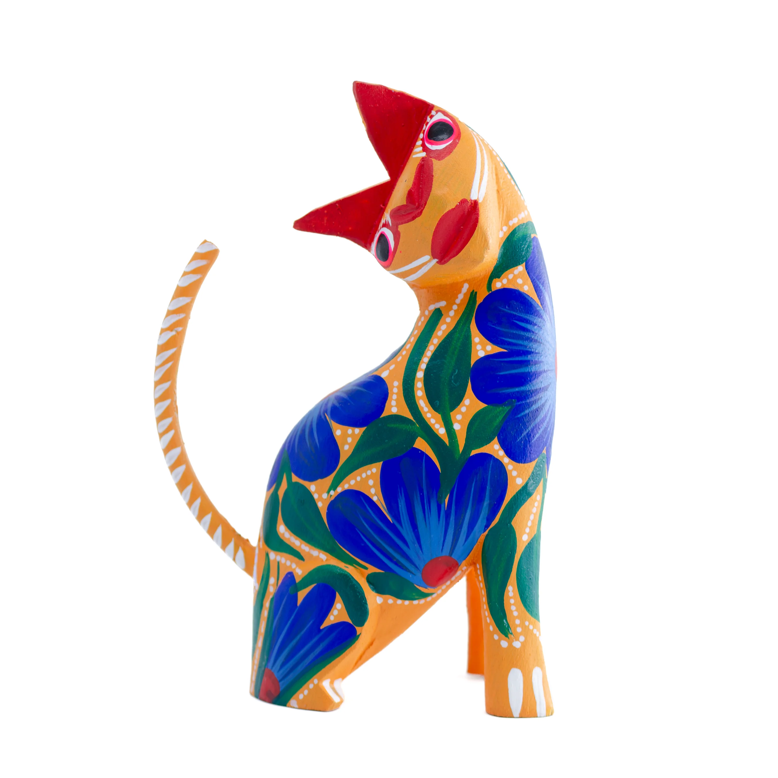 Large Hand Painted Neck Side Bend Cat Wooden Figurine - Image 14