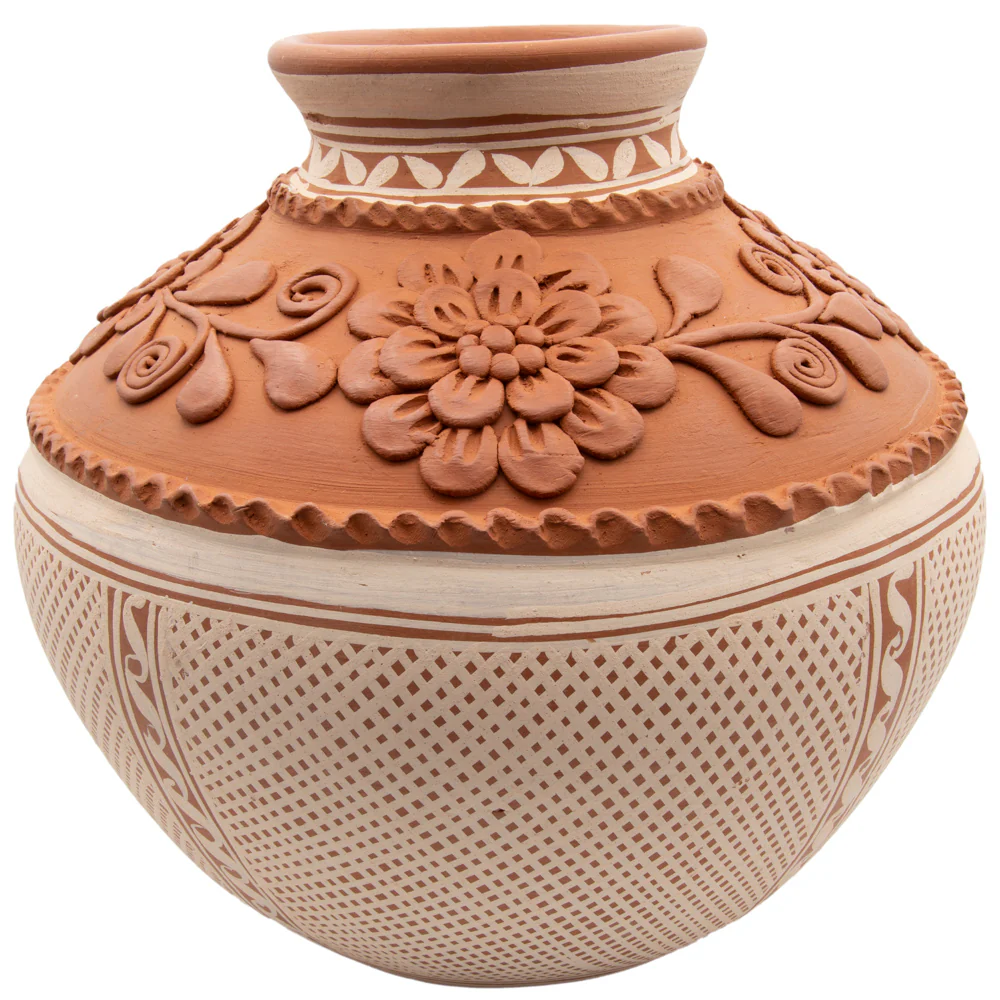 Patamban Large Round Vase with Sculpted Flowers - Image 3